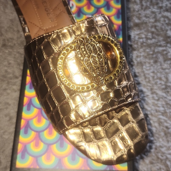 Kurt Geiger Gold Croc-Texture Slide Mules with Embellished Medallion.  New - Picture 9 of 15